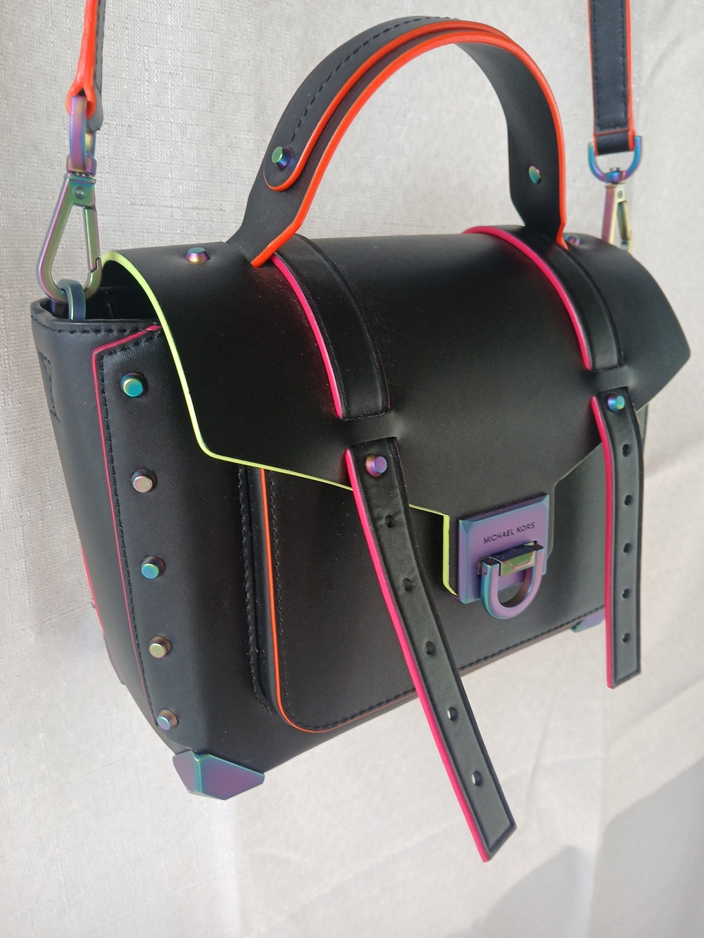 Michael Kors Manhatten  Black Satchel with Neon Trim
